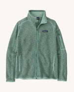 Patagonia women's recycled polyester better sweater jacket in mint green. Showing a full length front zip and side pockets