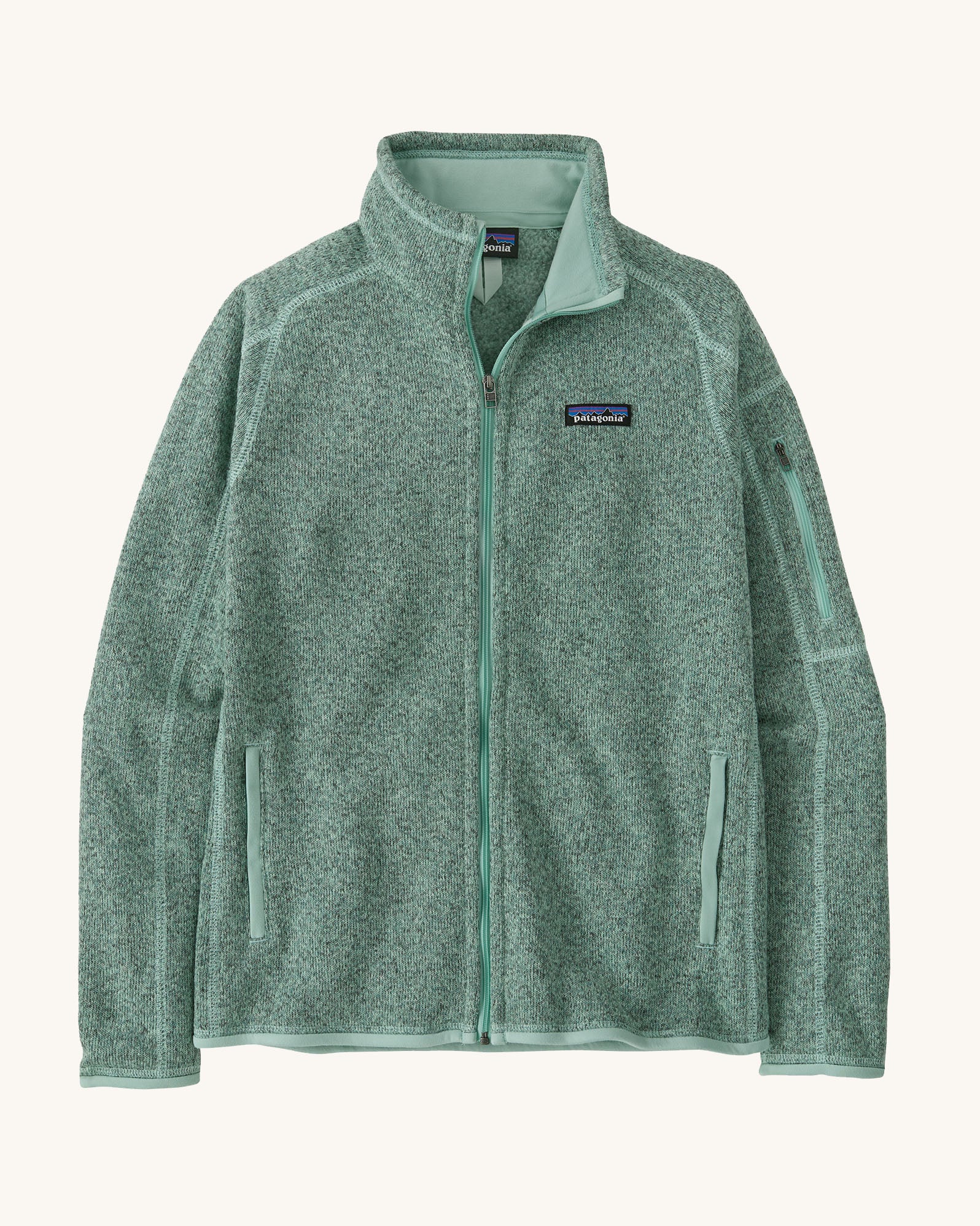 Patagonia women's recycled polyester better sweater jacket in mint green. Showing a full length front zip and side pockets