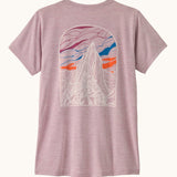Patagonia women's capilene cool daily short sleeve t-shirt in pale purple with mountain graphic on the back