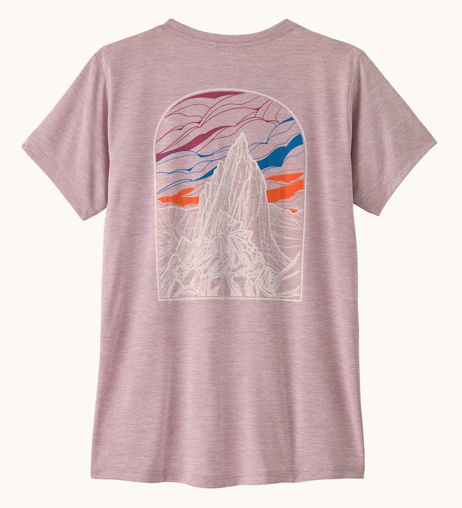 Patagonia women's capilene cool daily short sleeve t-shirt in pale purple with mountain graphic on the back