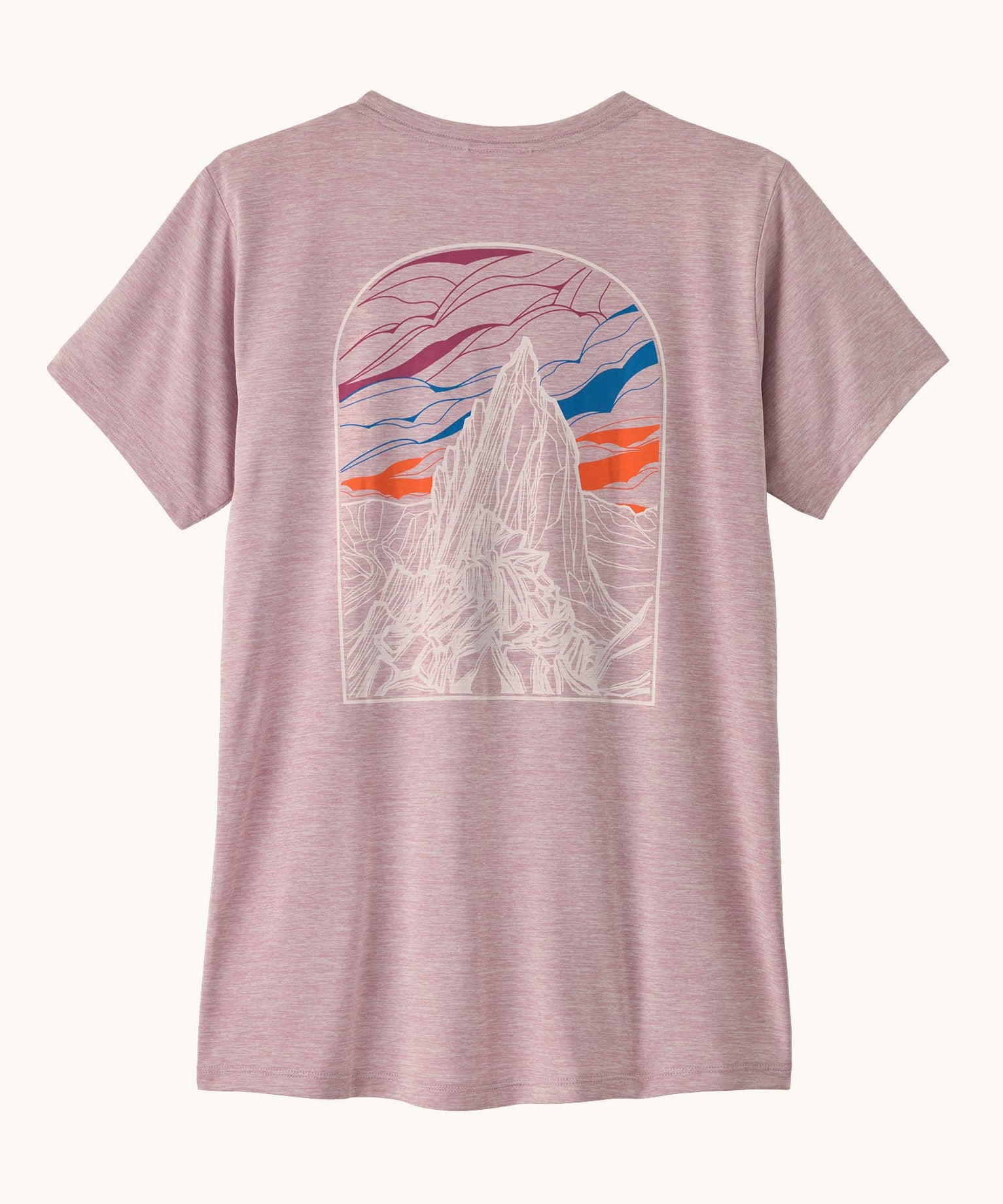 Patagonia women's capilene cool daily short sleeve t-shirt in pale purple with mountain graphic on the back