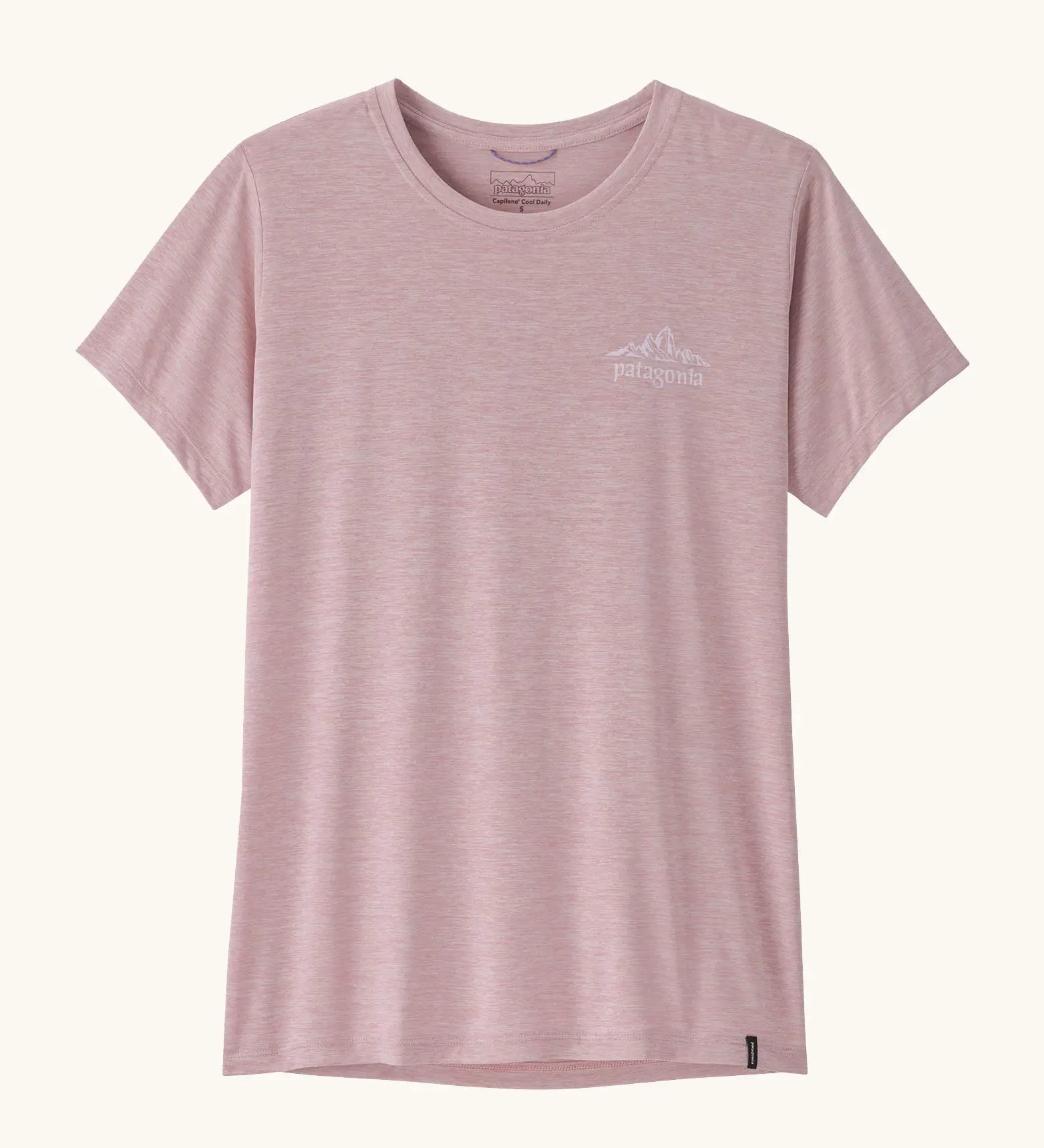 Patagonia women's capilene cool daily short sleeve t-shirt in pale purple with white mountain graphic on the chest
