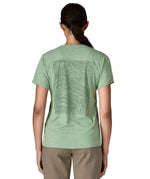 The back of the Patagonia cool daily graphic short sleeve tshirt in ellwood green with a mountain scape graphic available at Babipur.