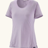 Patagonia women's technical capilene cool lightweight t-shirt in foxglove purple. Features a low scoop collar
