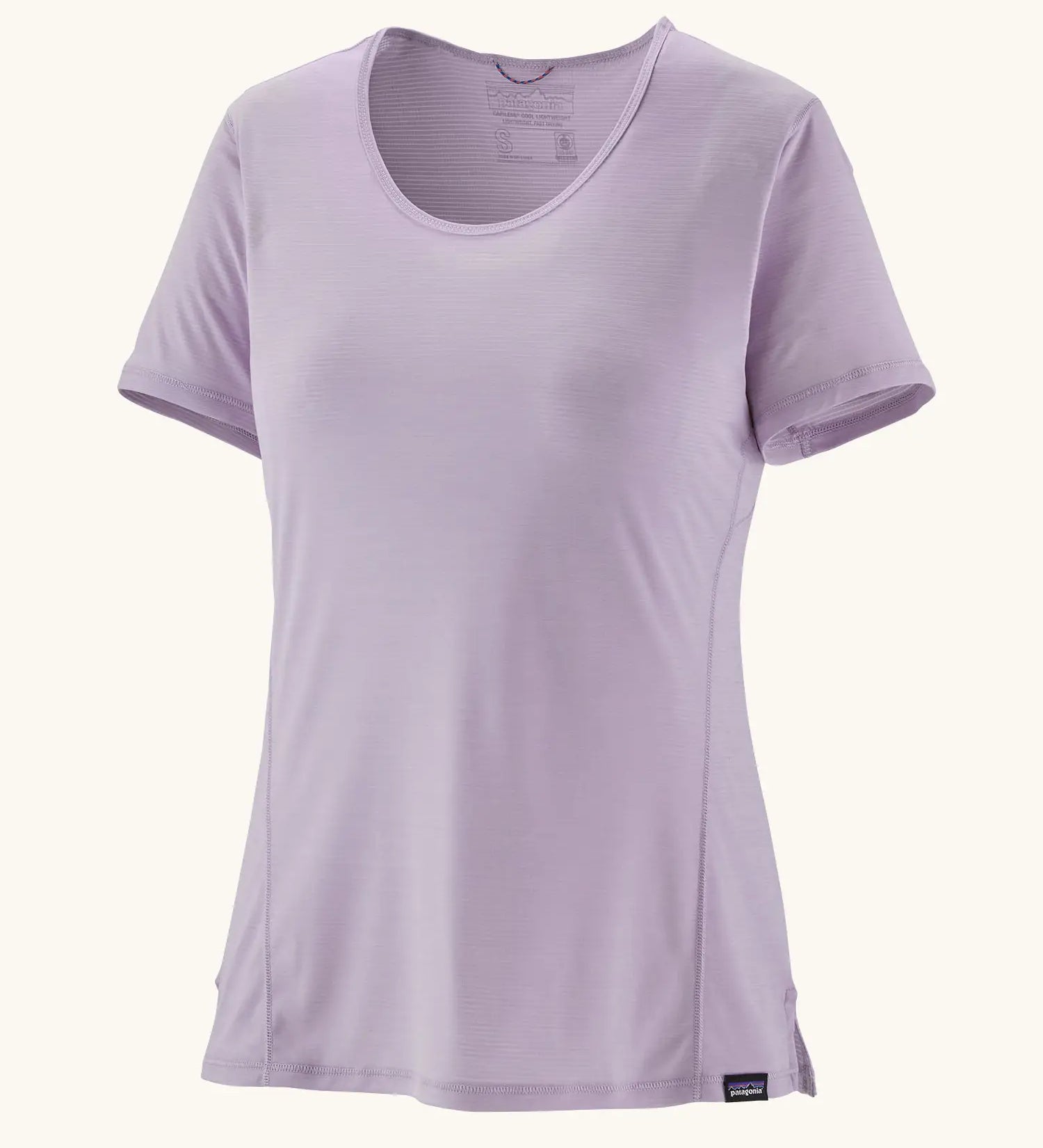 Patagonia women's technical capilene cool lightweight t-shirt in foxglove purple. Features a low scoop collar