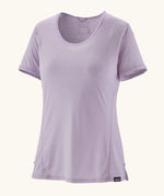 Patagonia women's technical capilene cool lightweight t-shirt in foxglove purple. Features a low scoop collar