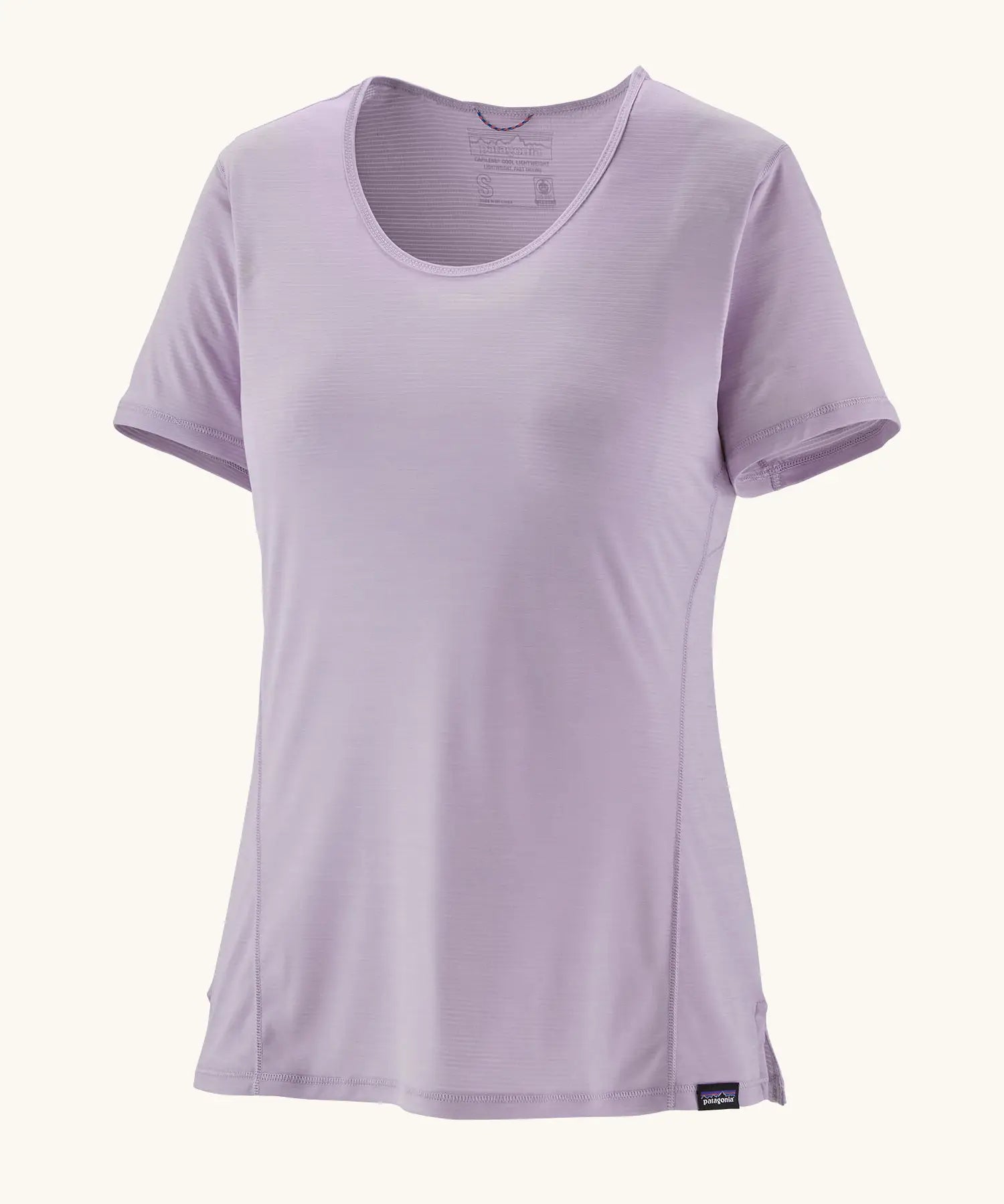 Patagonia women's technical capilene cool lightweight t-shirt in foxglove purple. Features a low scoop collar