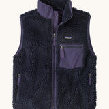 Patagonia womens classic retro x fleece vest available at Babipur. A dark blue coloured thick fleece gilet with a dark purple trim. Features a full length zip, chest pocket and side pockets