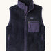 Patagonia womens classic retro x fleece vest available at Babipur. A dark blue coloured thick fleece gilet with a dark purple trim. Features a full length zip, chest pocket and side pockets