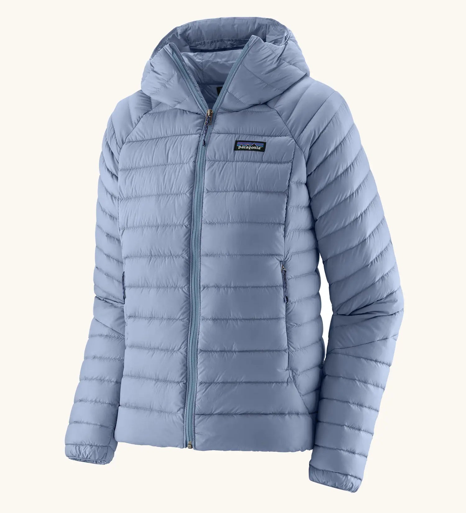 Patagonia women's down insulated sweater hoody in barnacle blue. Features a full length zip and side pockets