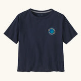 Patagonia women's unity Fitz roy responsibili tshirt. A navy blue, short sleeved and boxy top with the small brand logo printed front