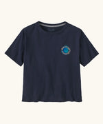 Patagonia women's unity Fitz roy responsibili tshirt. A navy blue, short sleeved and boxy top with the small brand logo printed front