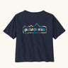 Patagonia women's unity Fitz roy responsibili tshirt. A navy blue, short sleeved and boxy top with the brand logo printed on the back. 