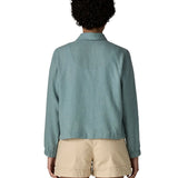 Back of woman wearing Patagonia women's lightweight jacket in blue. Jacket has a boxy fit and sits at the hips