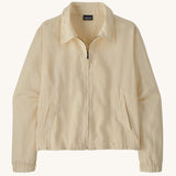 Patagonia women's lightweight jacket with collar in natural cream colour. Features a full length front zip and side pockets