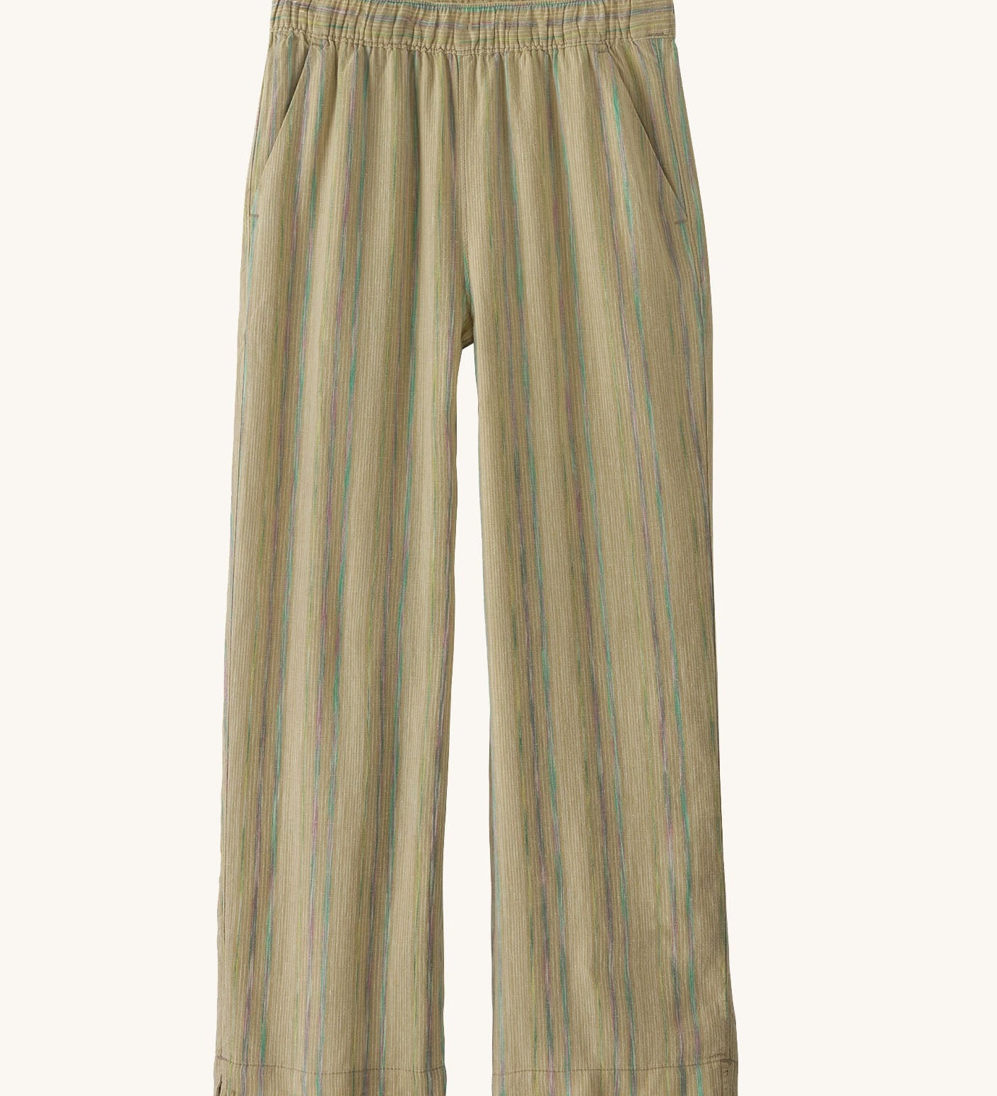 Patagonia women's garden island light weight pants in light brown. Shows 2 front pockets and a elasticated waist band