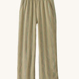 Patagonia women's garden island light weight pants in light brown. Shows 2 front pockets and a elasticated waist band