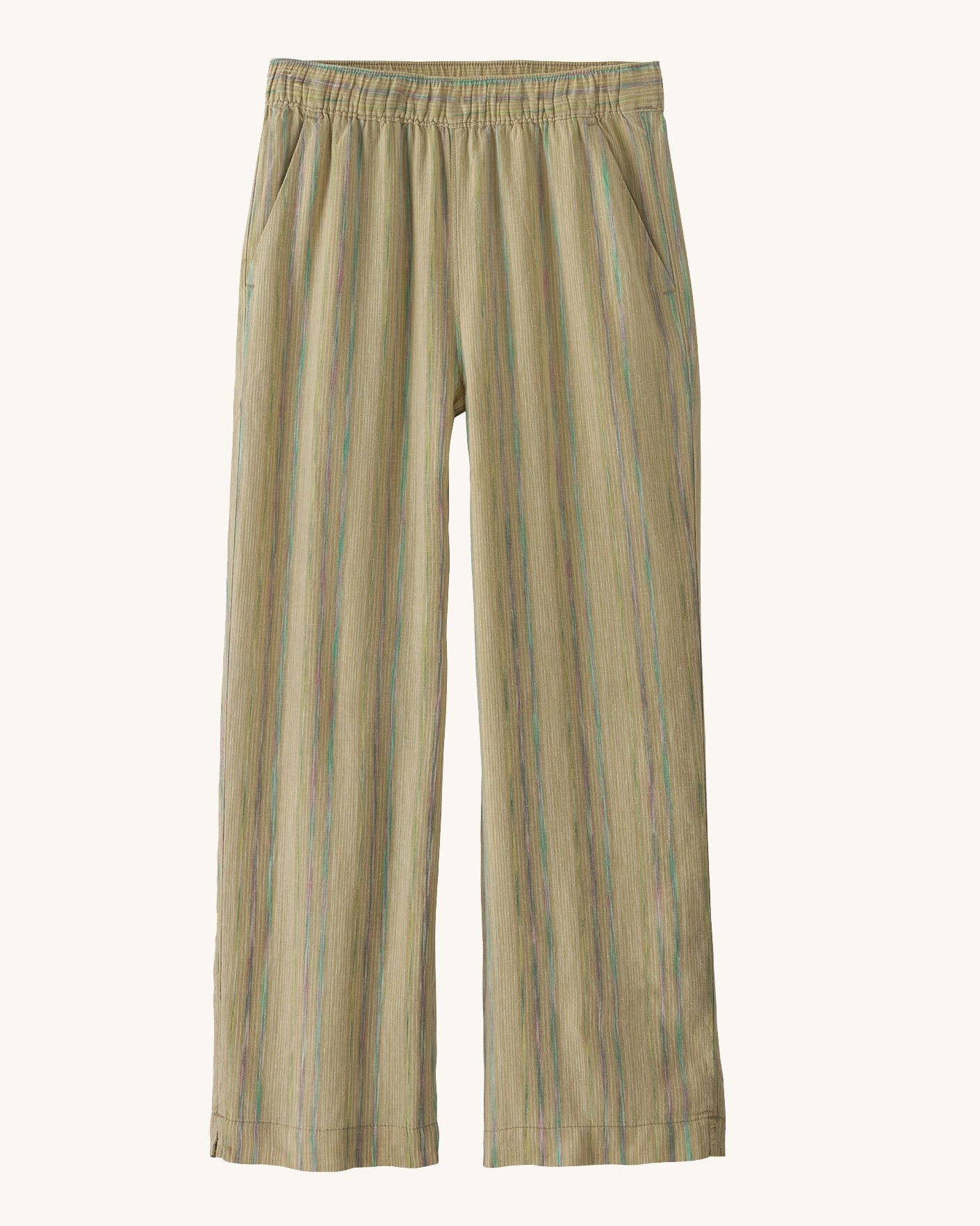 Patagonia women's garden island light weight pants in light brown. Shows 2 front pockets and a elasticated waist band
