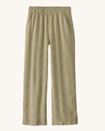 Patagonia women's garden island light weight pants in light brown. Shows 2 front pockets and a elasticated waist band