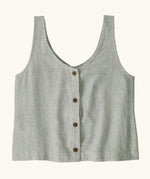 Patagonia womens' reversible garden island vest top in thin blue and white stripes showing full length back button fastener