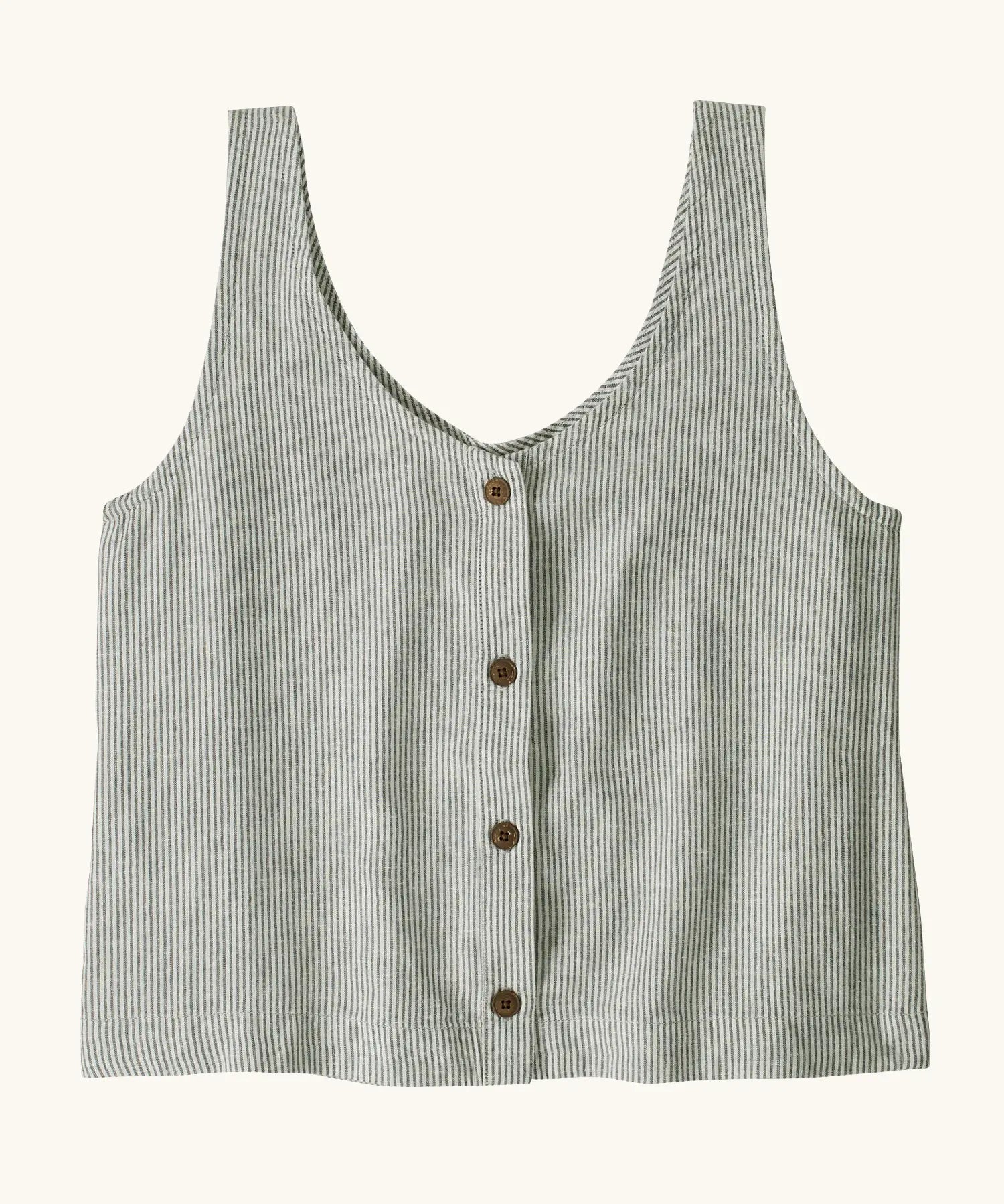 Patagonia womens' reversible garden island vest top in thin blue and white stripes showing full length back button fastener