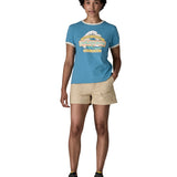Woman wearing Patagonia women's great waves ringer t-shirt in light blue with a wave logo on the upper body. T-shirt has a regular fit