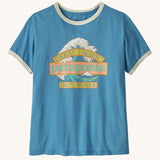 Patagonia women's great waves ringer t-shirt in blue with a large wave graphic on the upper body