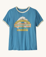 Patagonia women's great waves ringer t-shirt in blue with a large wave graphic on the upper body
