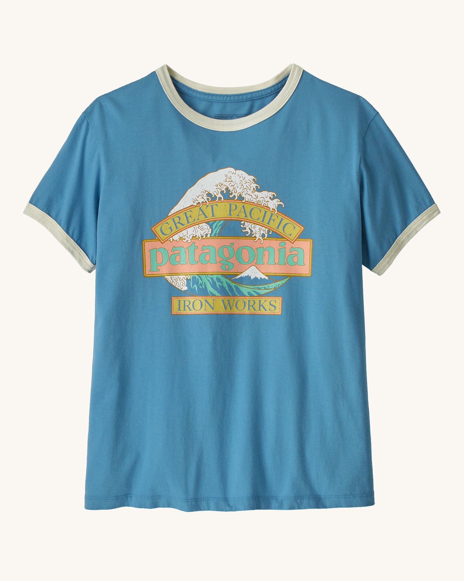 Patagonia women's great waves ringer t-shirt in blue with a large wave graphic on the upper body