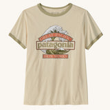 Patagonia women's great waves ringer t-shirt in cream with a large wave logo on the upper body