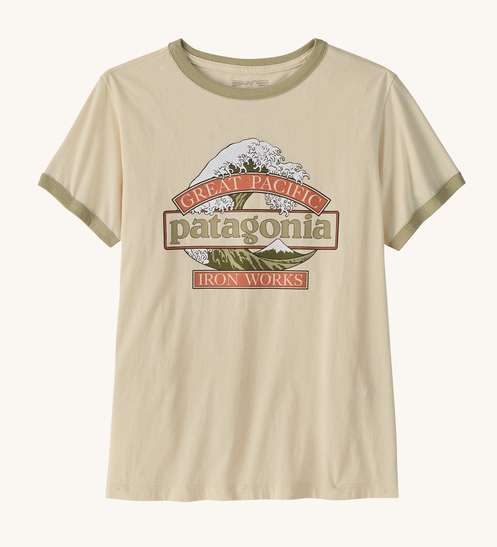 Patagonia women's great waves ringer t-shirt in cream with a large wave logo on the upper body