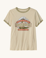 Patagonia women's great waves ringer t-shirt in cream with a large wave logo on the upper body