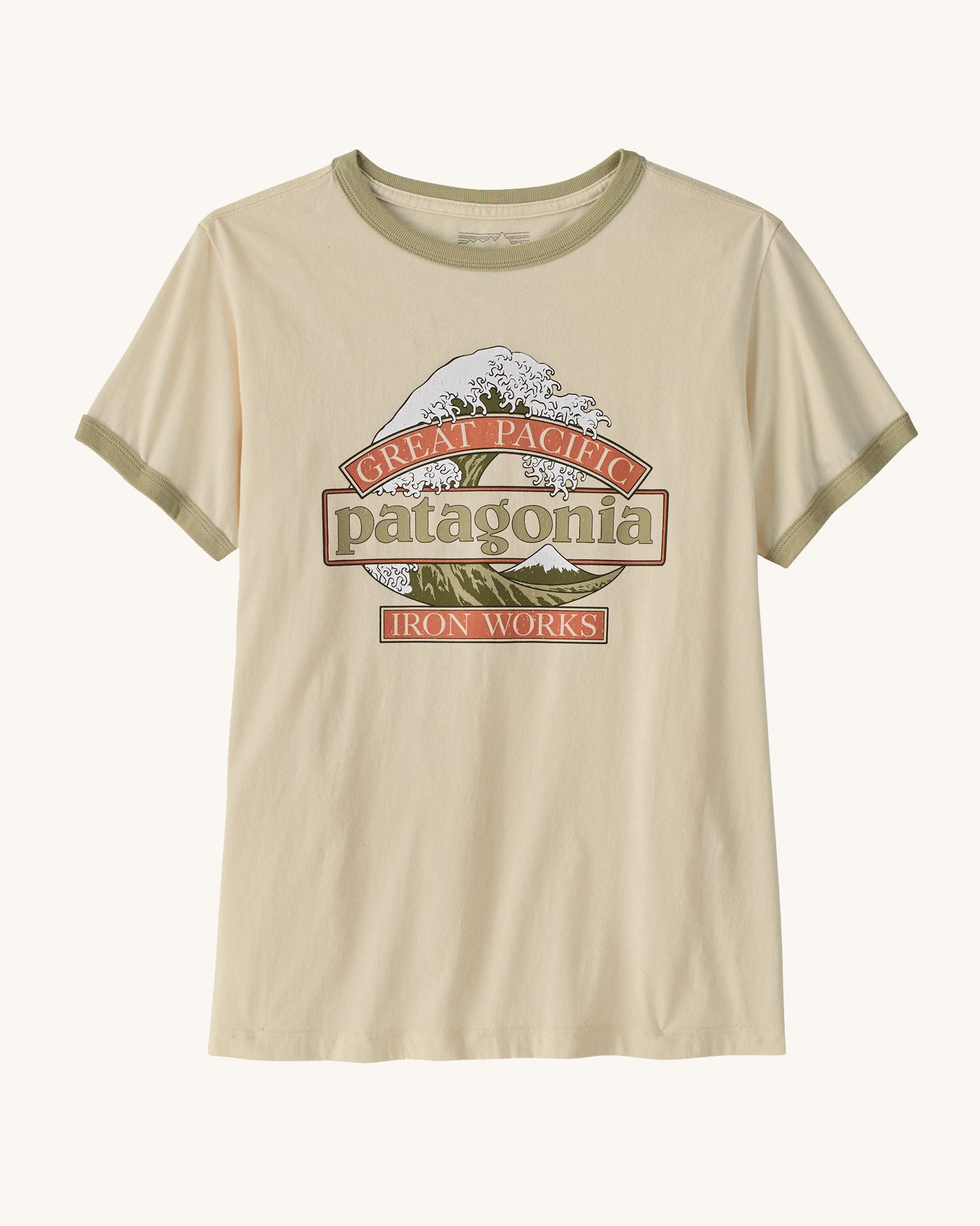 Patagonia women's great waves ringer t-shirt in cream with a large wave logo on the upper body