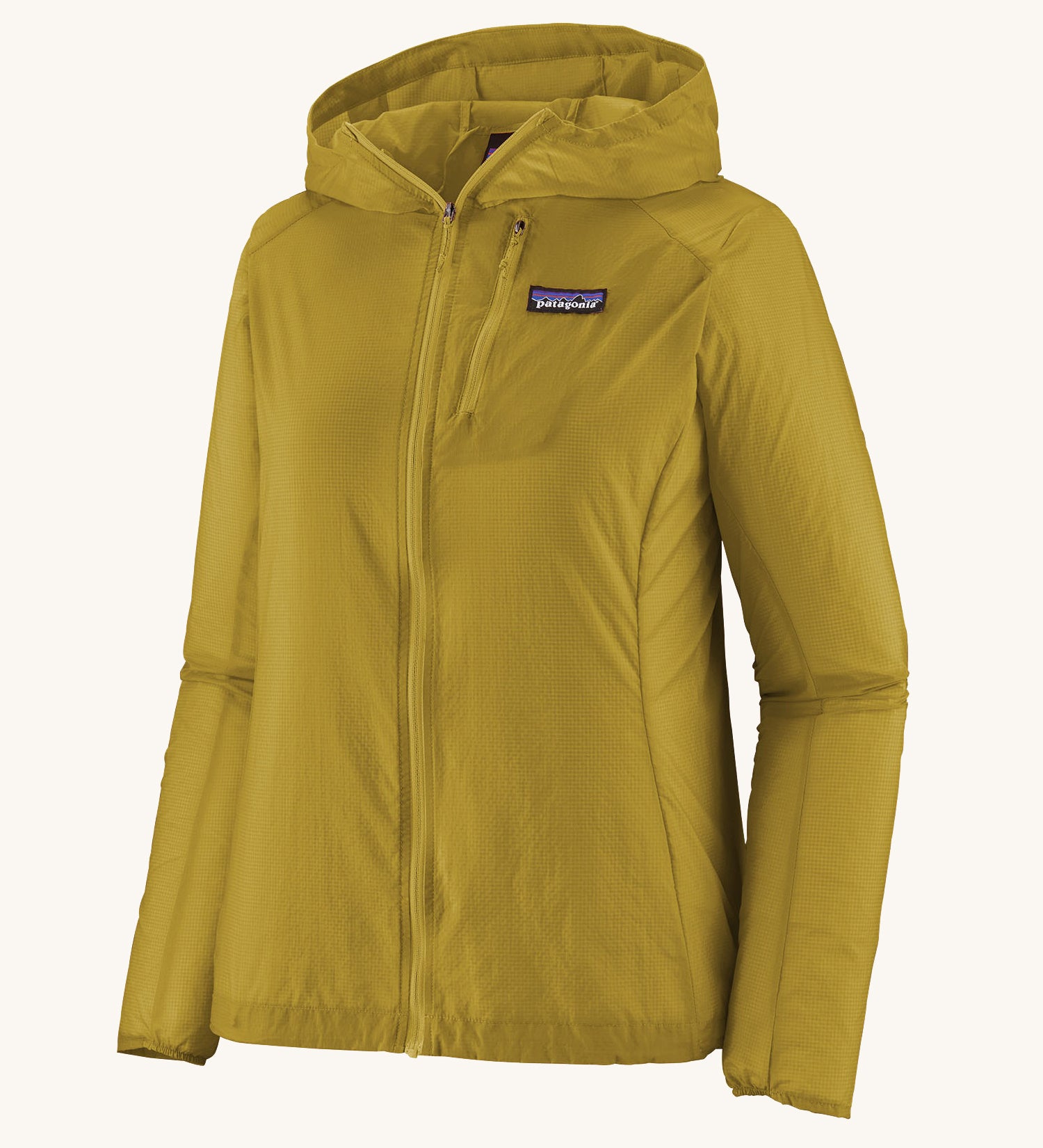 Patagonia light rain hooded jacket in mustard yellow. Features a full length zip and chest pocket