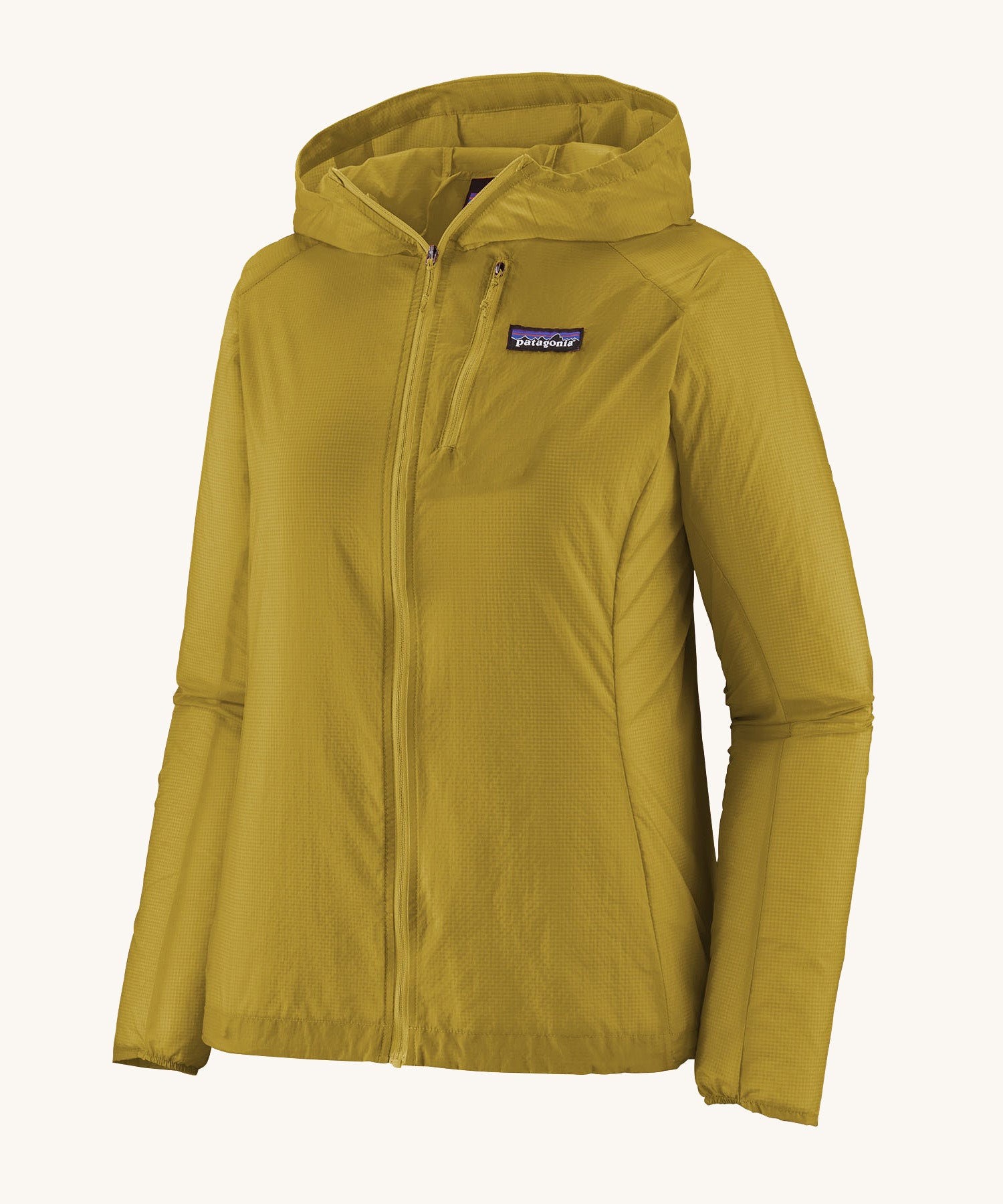 Patagonia light rain hooded jacket in mustard yellow. Features a full length zip and chest pocket