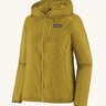 Patagonia light rain hooded jacket in mustard yellow. Features a full length zip and chest pocket