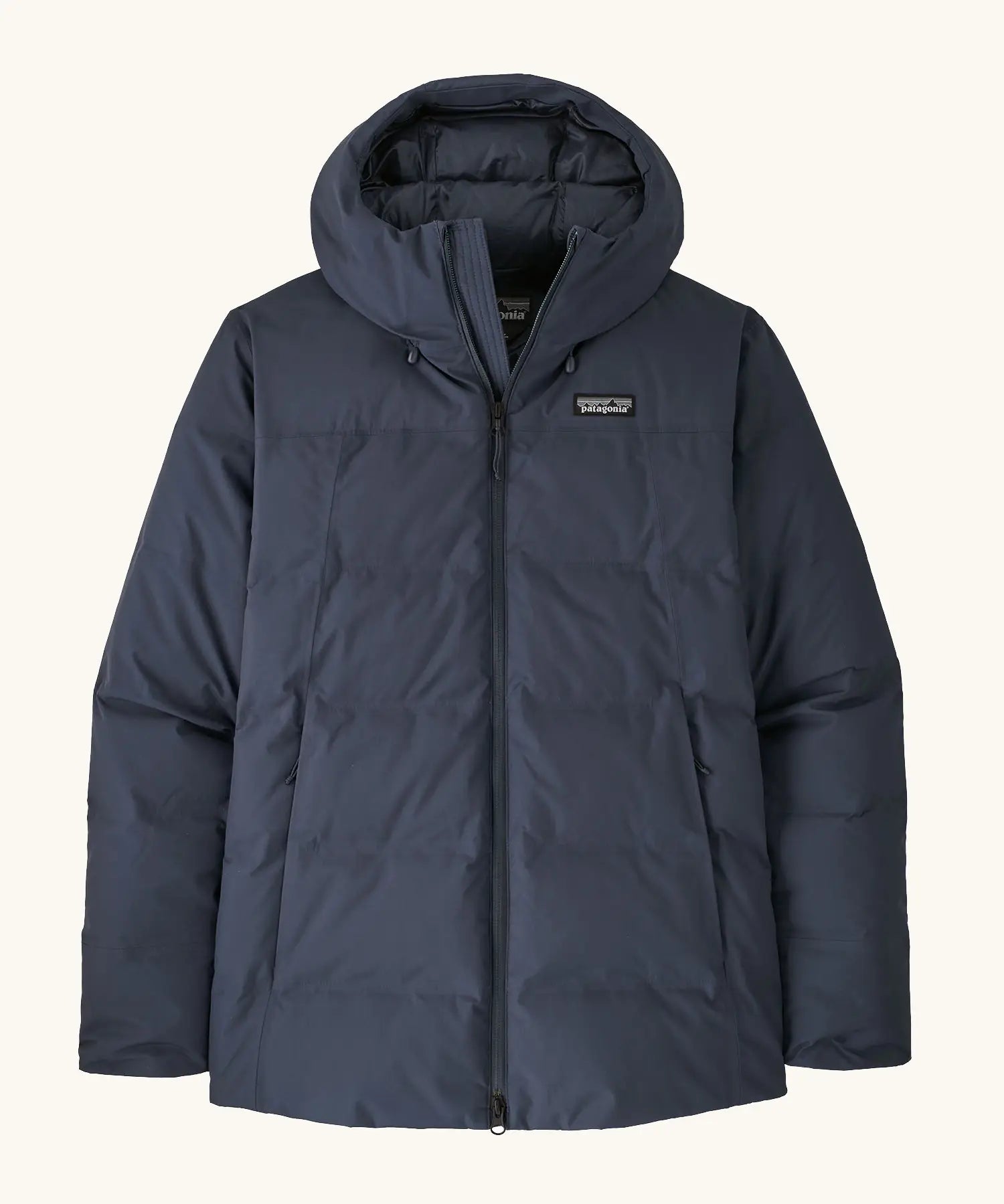 Patagonia waterproof women's Jackson glacier hooded jacket in dark blue showing front zip and side pockets