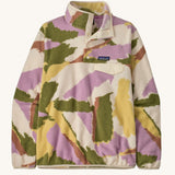 Patagonia women's synchilla snap t fleece in cream with pastel abstract design. Shows 1/4 length front popper up to the collar and chest pocket