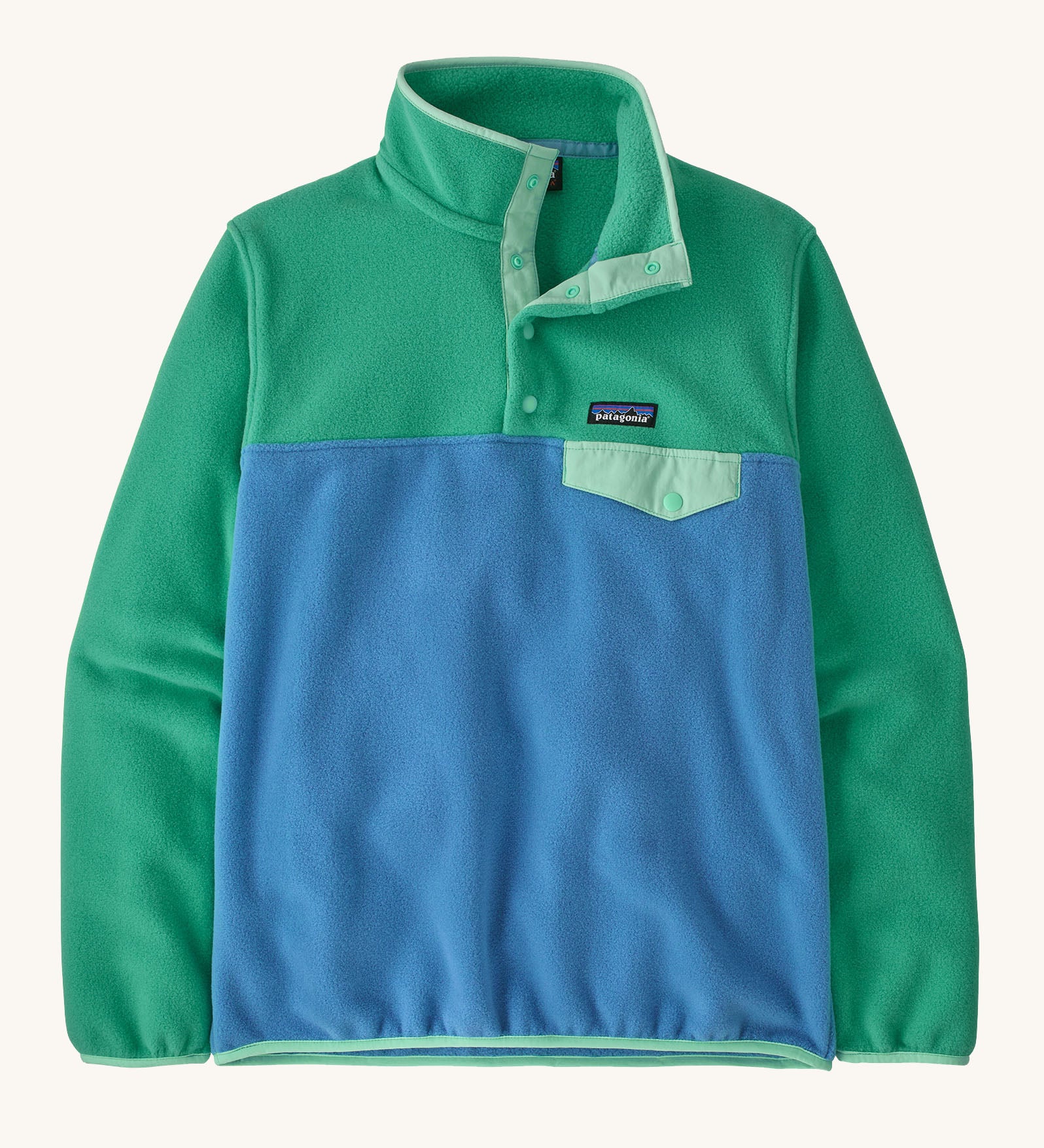 Patagonia women's synchilla snap t fleece in green with a blue lower body. Shows a 1/4 length front popper up to the collar and a chest pocket