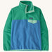 Patagonia women's synchilla snap t fleece in green with a blue lower body. Shows a 1/4 length front popper up to the collar and a chest pocket