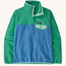 Patagonia women's synchilla snap t fleece in green with a blue lower body. Shows a 1/4 length front popper up to the collar and a chest pocket