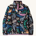 Patagonia women's synchilla snap t fleece in black with a retro abstract design. Shows a 1/4 length front popper up to the collar and a chest pocket