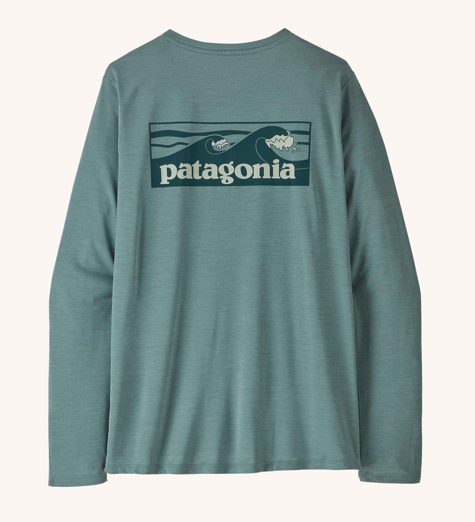 Patagonia women's long sleeve capilene cool t-shirt in sage blue with wave logo graphic on upper back