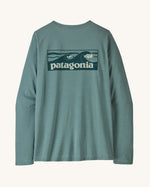 Patagonia women's long sleeve capilene cool t-shirt in sage blue with wave logo graphic on upper back