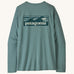 Patagonia women's long sleeve capilene cool t-shirt in sage blue with wave logo graphic on upper back