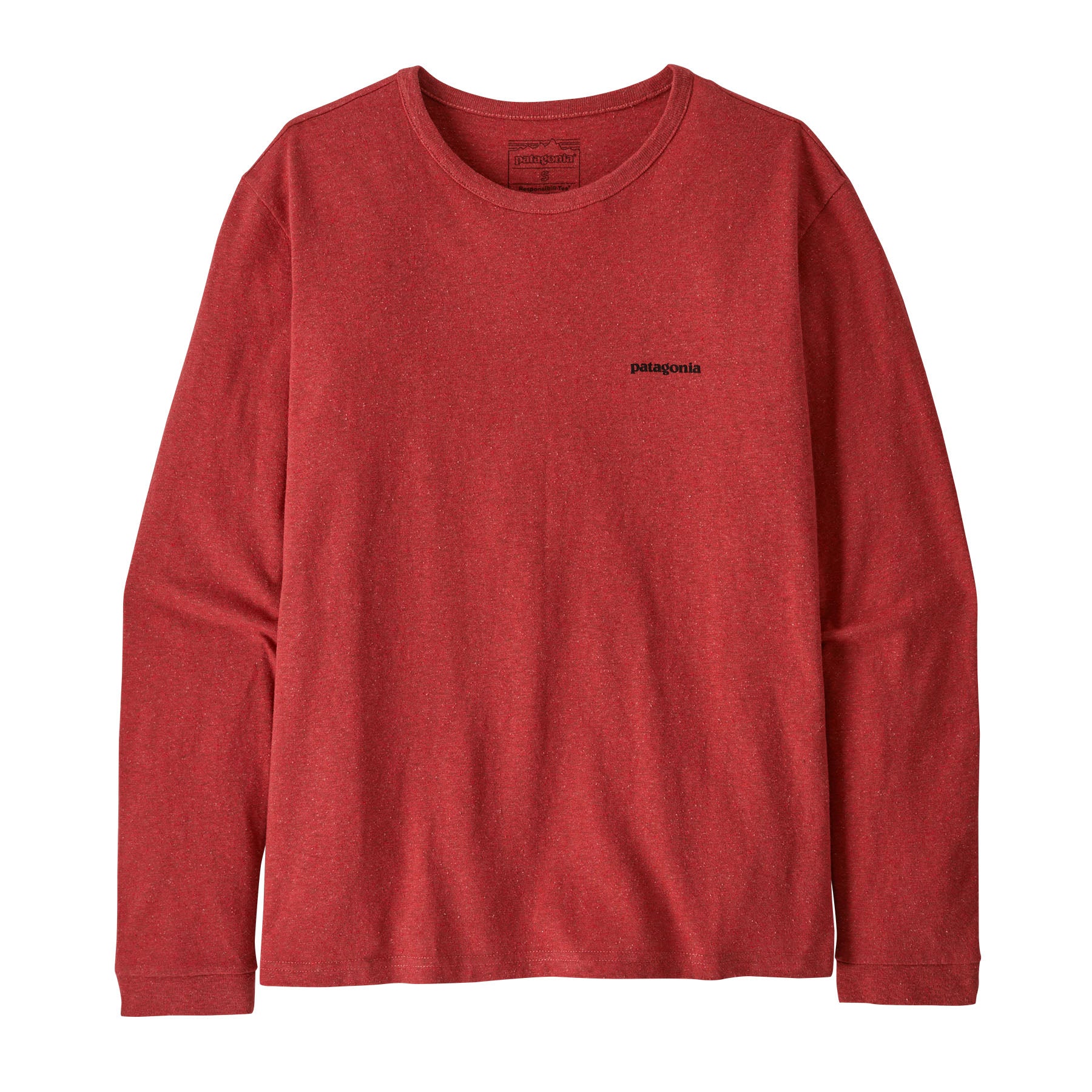 Patagonia women's responsibilli top in potters red available at Babipur. A long sleeve top with the brand name text  printed on the chest 