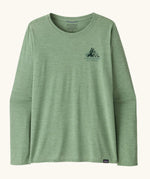Patagonia women's long sleeve capilene techincal top in light green with mountain logo on the upper chest