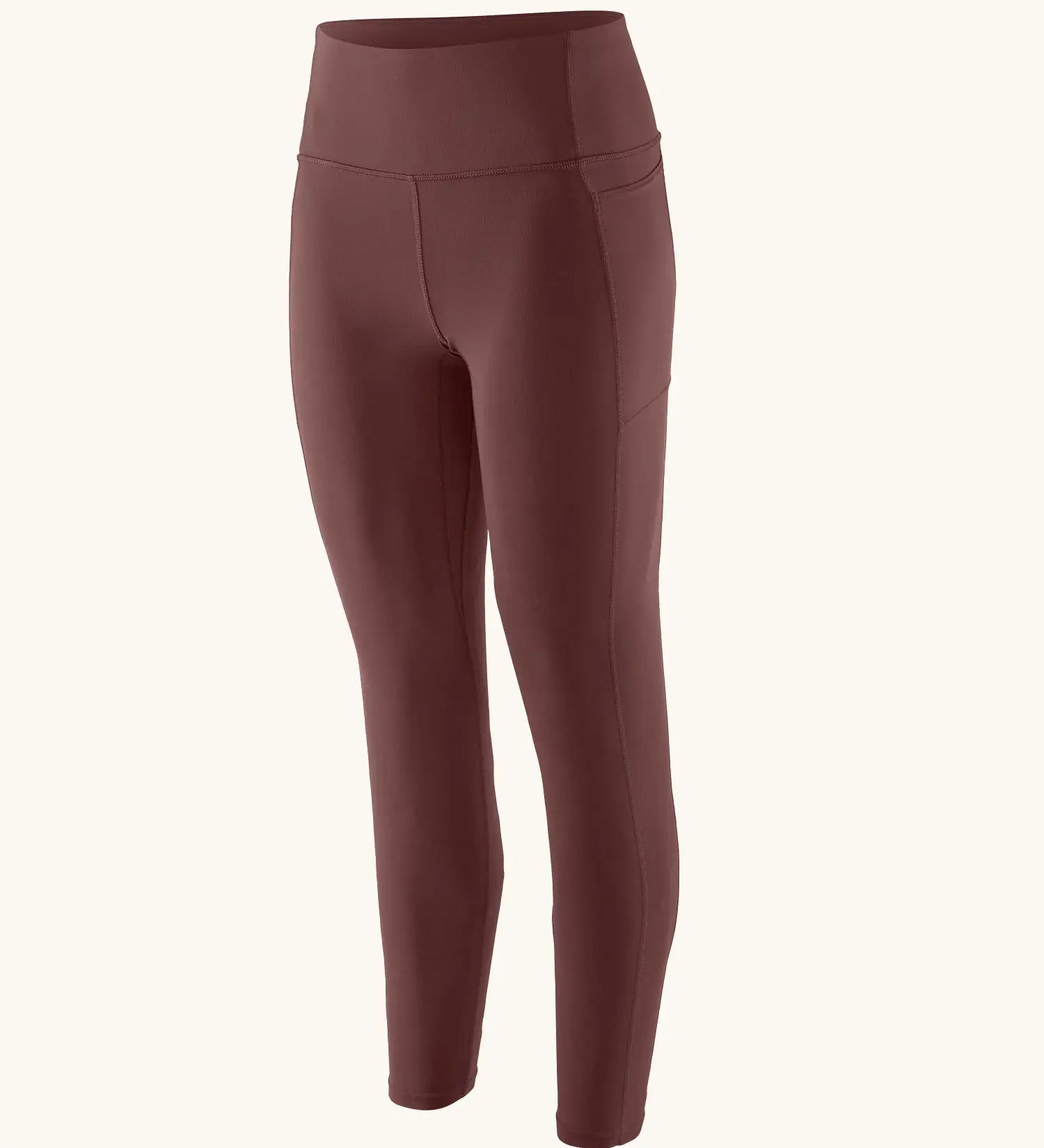 Patagonia women's recycled nylon maipo 7/8 stash leggings in dark red with side pockets.