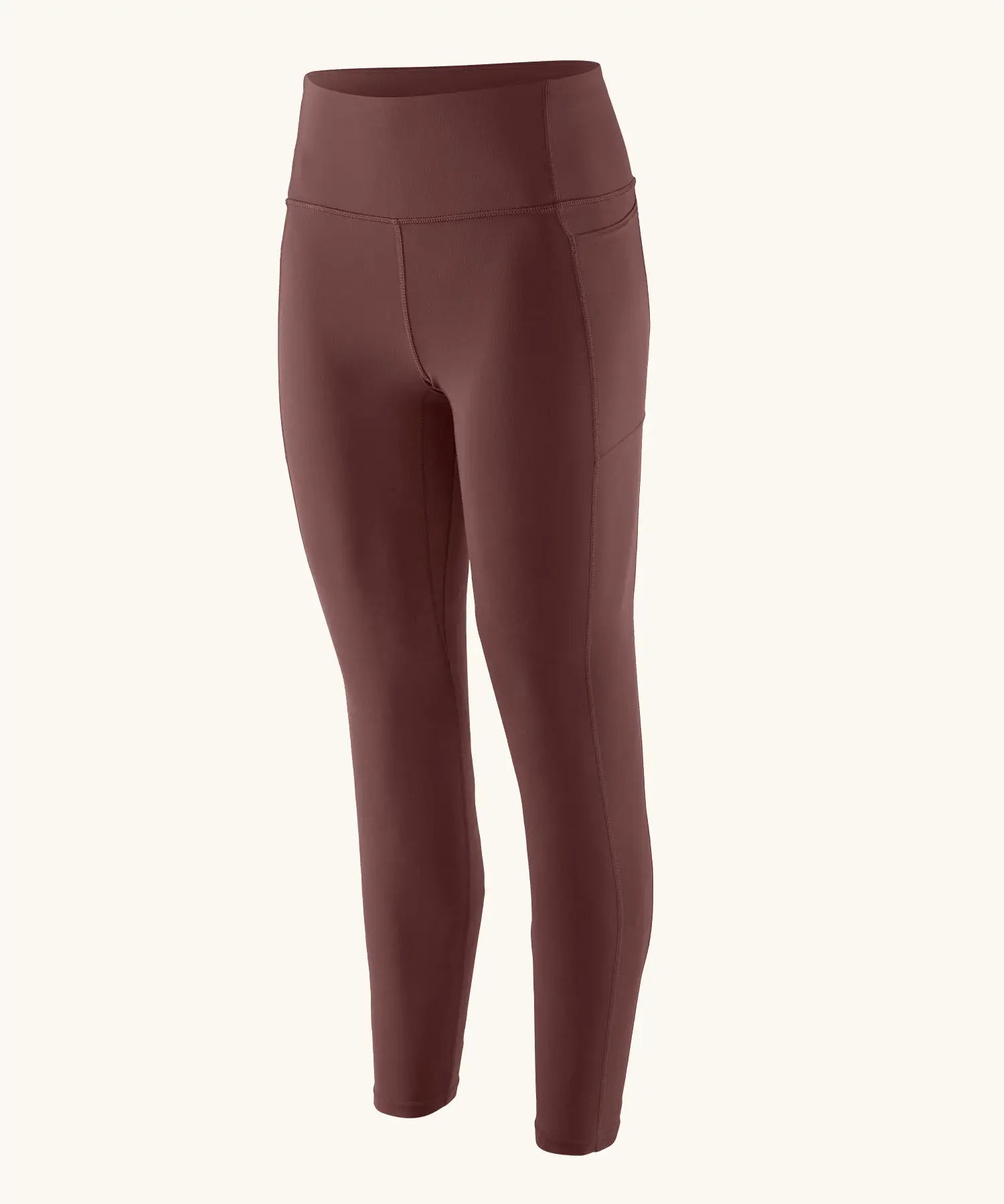 Patagonia women's recycled nylon maipo 7/8 stash leggings in dark red with side pockets.