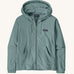 Patagonia women's micro d hooded fleece in light blue. Shows a full length front zip, pouch pockets and drawstring cord around the hood.
